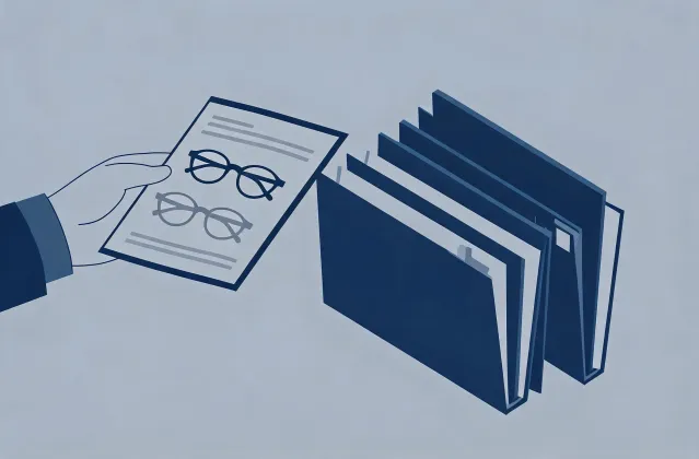 Illustration of a kids eyeglasses specification brief handing off to quotation folders