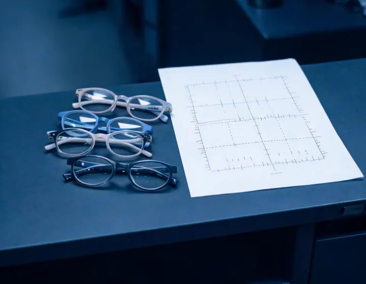 Unlabeled kids eyeglasses beside a written sourcing brief